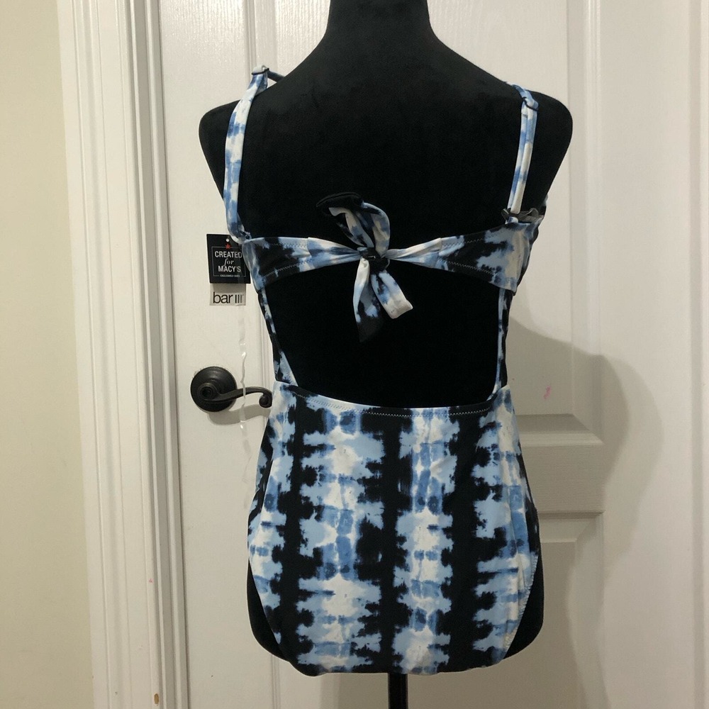 Bar III Shibori Chic One‎ Piece Swimsuit Blue Black Tie Dye Cutout MBSC23602 L - Picture 5 of 9